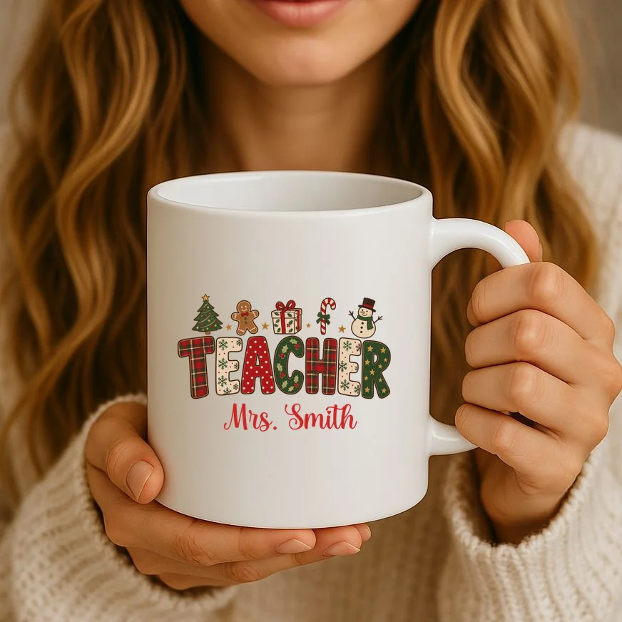 Teacher Christmas Personalized Last Name Gift -  Vintage Christmas Teacher Design Mug - Front 2