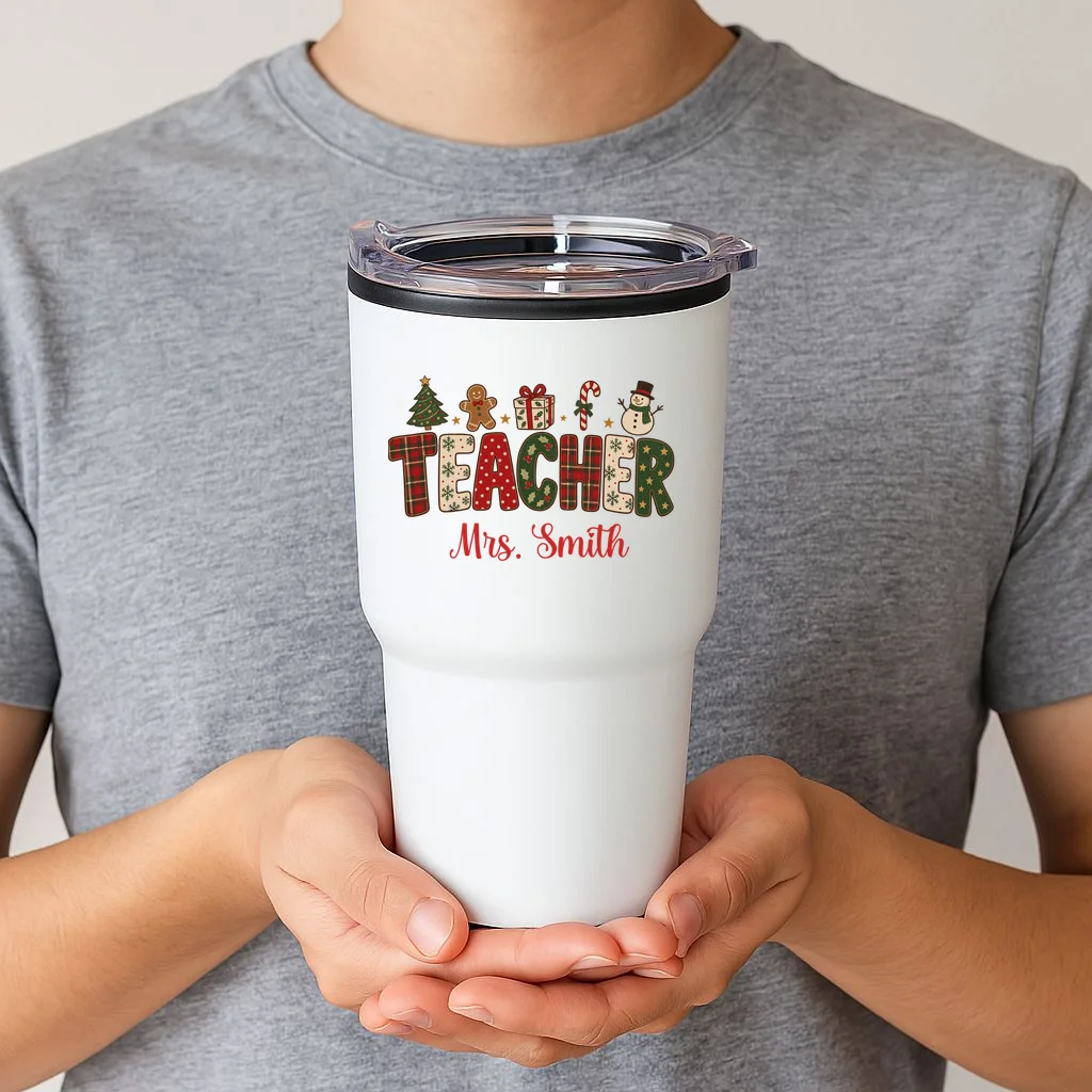 Teacher Christmas Personalized Last Name Gift -  Vintage Christmas Teacher Design 20oz Tumbler - Front 1