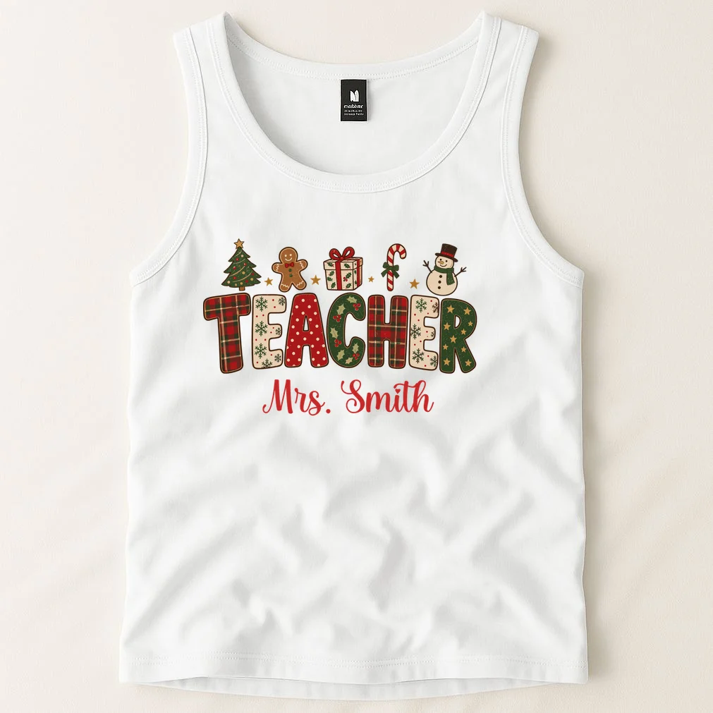 Teacher Christmas Personalized Last Name Gift -  Vintage Christmas Teacher Design Men's Tank Top - Front 1