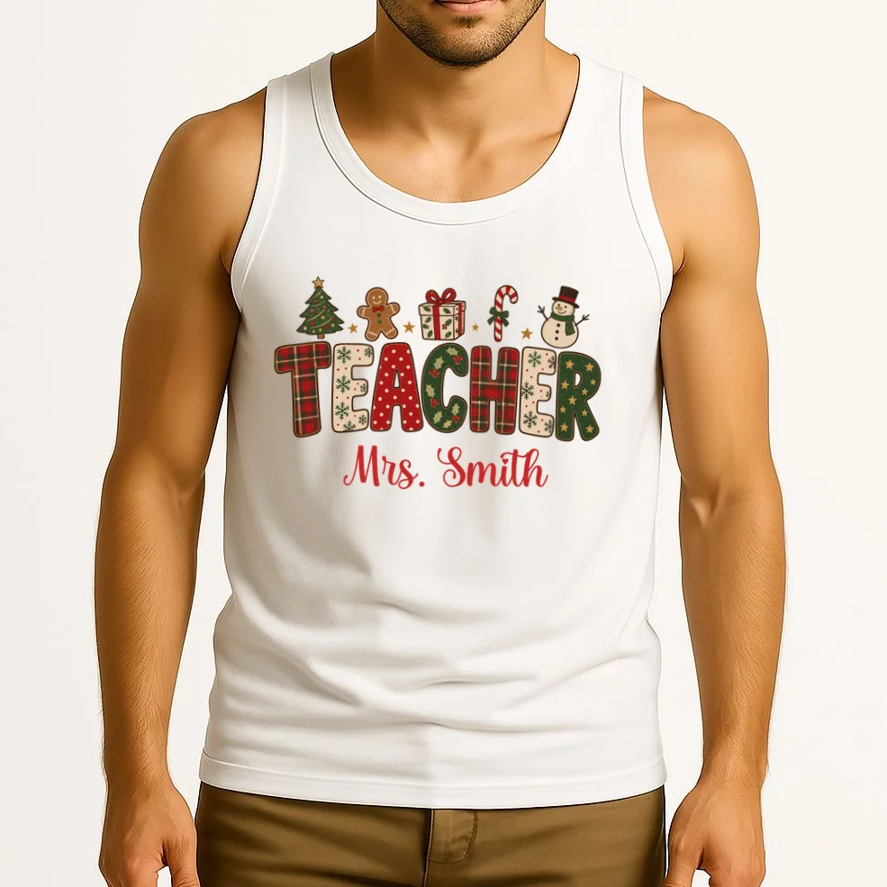 Teacher Christmas Personalized Last Name Gift -  Vintage Christmas Teacher Design Men's Tank Top - Front 2