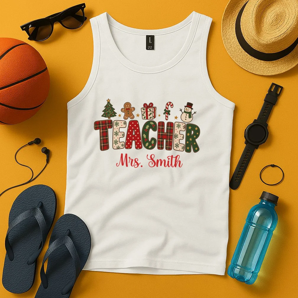 Teacher Christmas Personalized Last Name Gift -  Vintage Christmas Teacher Design Men's Tank Top - Front 3