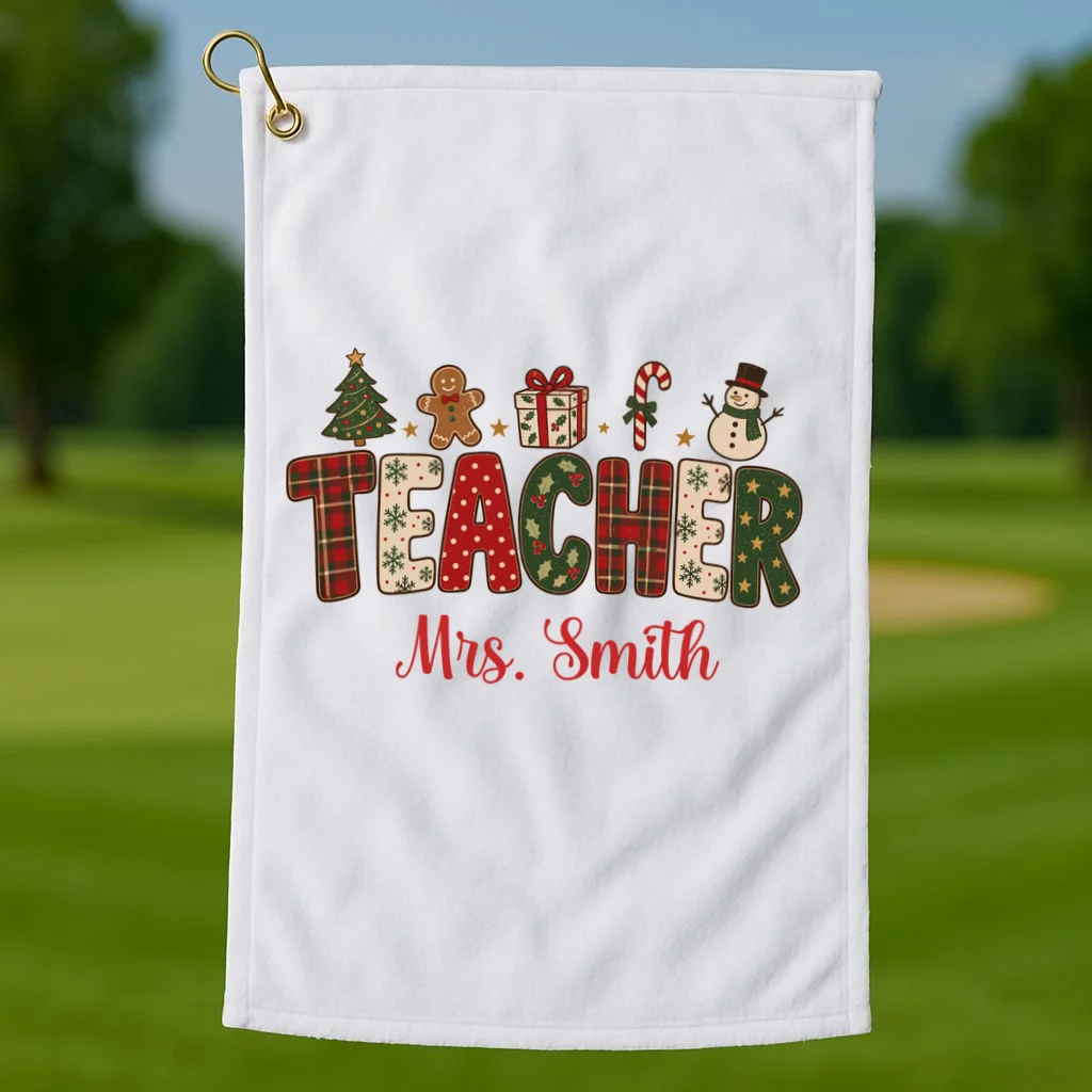 Teacher Christmas Personalized Last Name Gift -  Vintage Christmas Teacher Design Golf Towel - Front 1