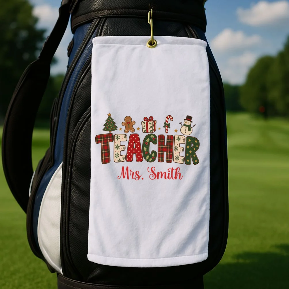Teacher Christmas Personalized Last Name Gift -  Vintage Christmas Teacher Design Golf Towel - Front 2