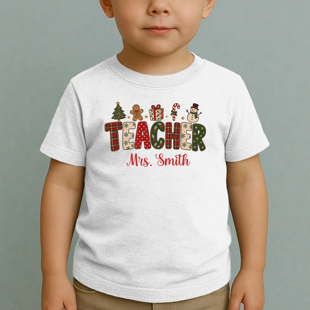 Teacher Christmas Personalized Last Name Gift -  Vintage Christmas Teacher Design Toddler T-Shirt - Front 1
