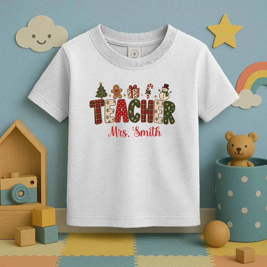 Teacher Christmas Personalized Last Name Gift -  Vintage Christmas Teacher Design Toddler T-Shirt - Front 2