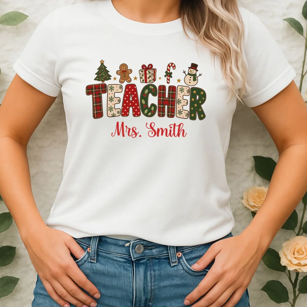 Teacher Christmas Personalized Last Name Gift -  Vintage Christmas Teacher Design Women's T-Shirt - Front 1