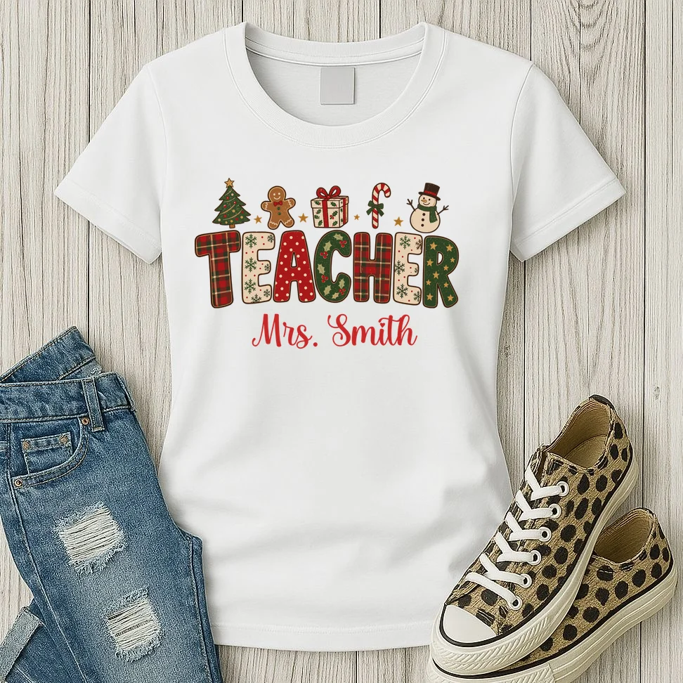 Teacher Christmas Personalized Last Name Gift -  Vintage Christmas Teacher Design Women's T-Shirt - Front 2