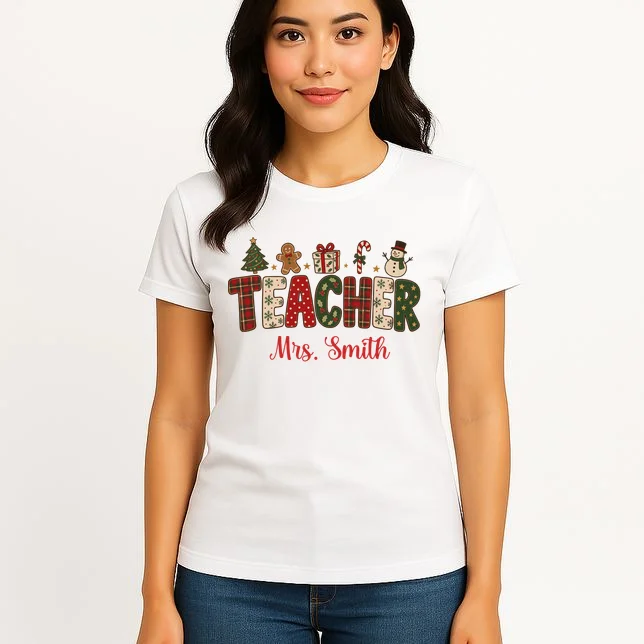 Teacher Christmas Personalized Last Name Gift -  Vintage Christmas Teacher Design Women's T-Shirt - Front 3