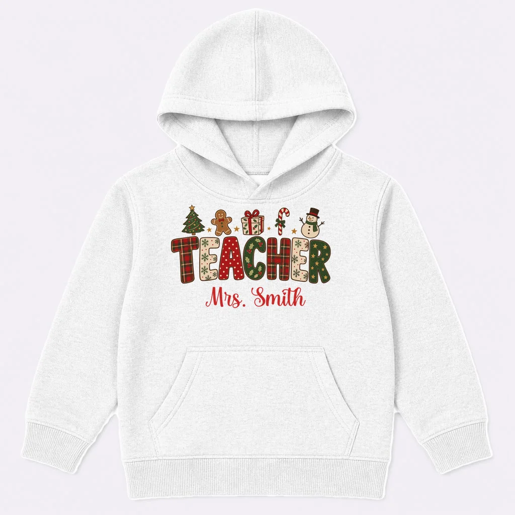 Teacher Christmas Personalized Last Name Gift -  Vintage Christmas Teacher Design Kids Hoodie Front