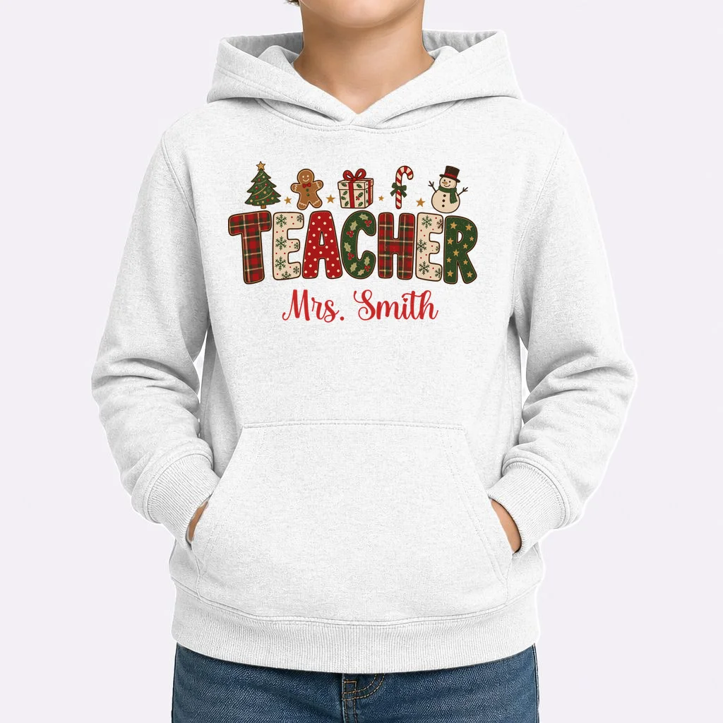 Teacher Christmas Personalized Last Name Gift -  Vintage Christmas Teacher Design Kids Hoodie - Front 1
