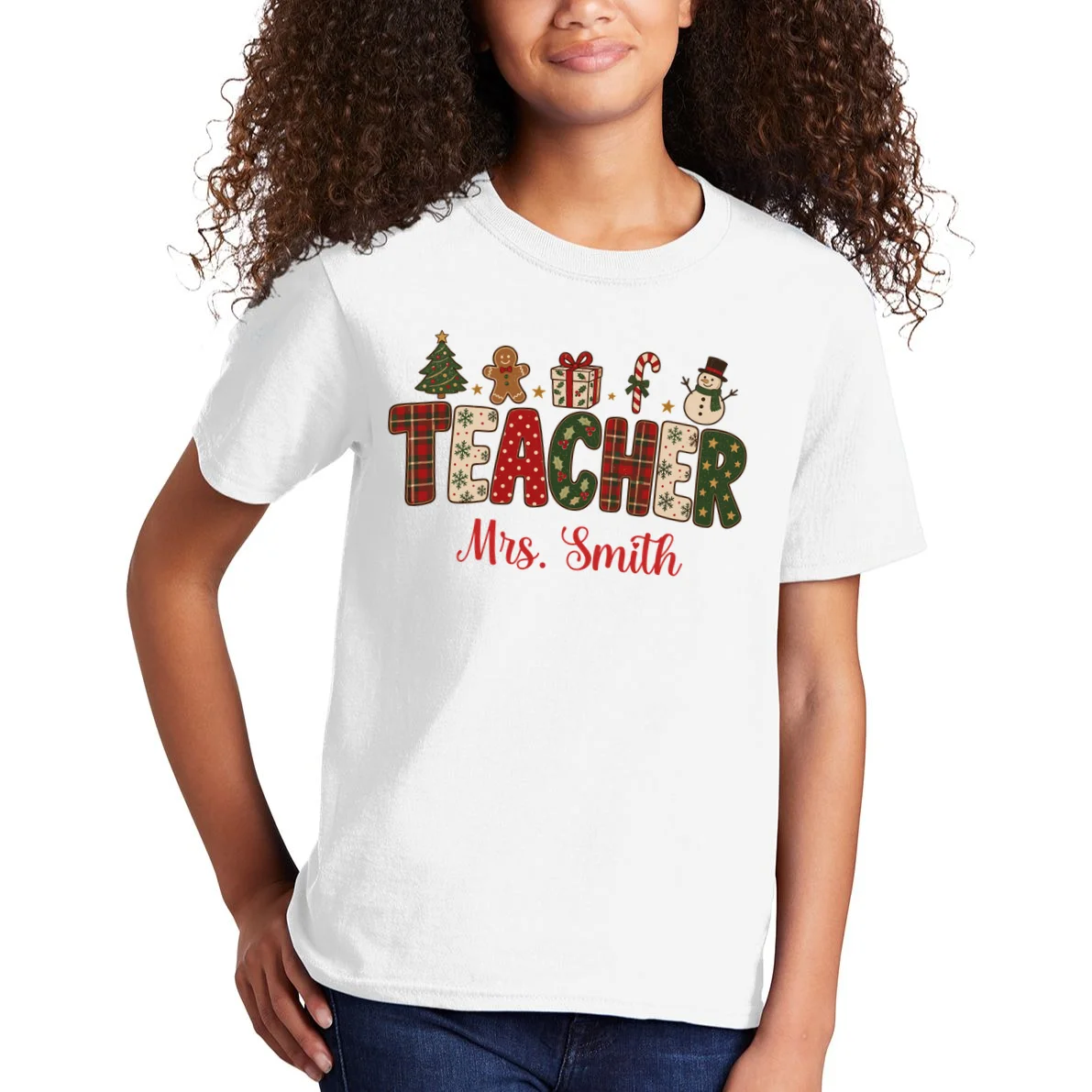 Teacher Christmas Personalized Last Name Gift -  Vintage Christmas Teacher Design Kids T-Shirt - Front 1