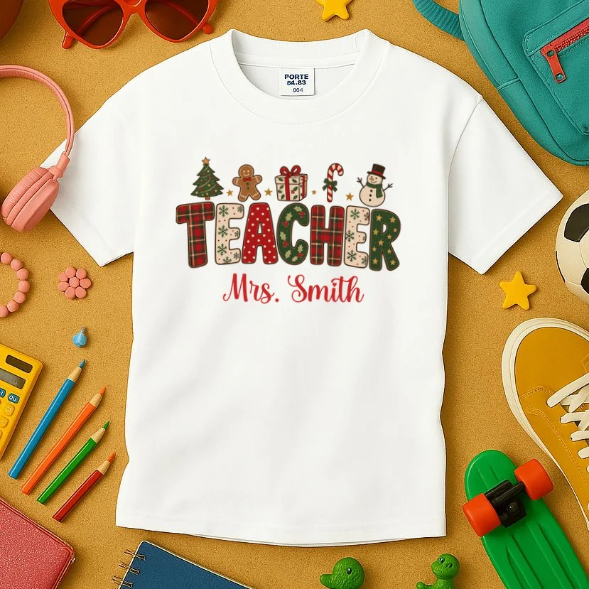 Teacher Christmas Personalized Last Name Gift -  Vintage Christmas Teacher Design Kids T-Shirt - Front 2