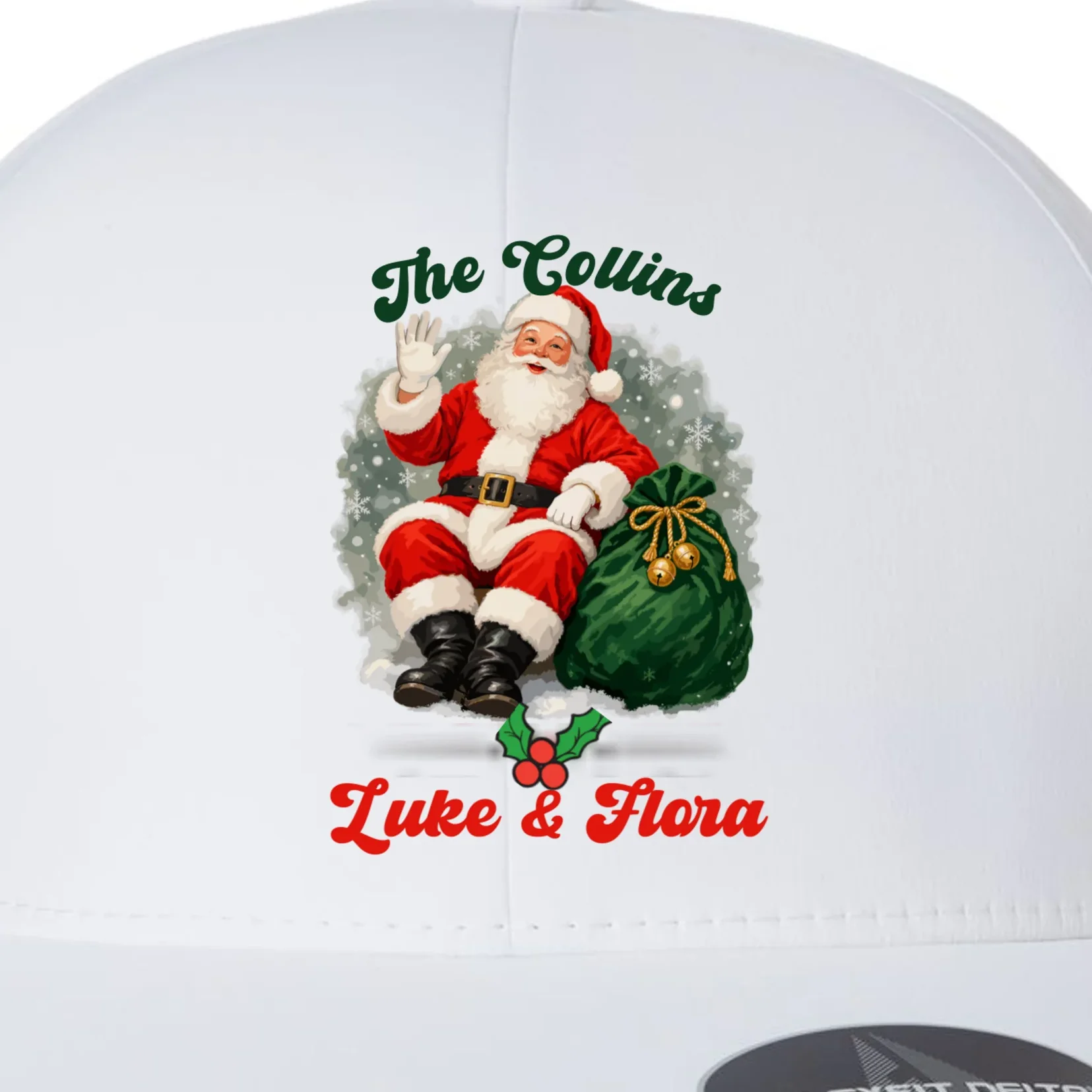Personalized The Cool Santa Claus | Funny Christmas Santa Custom Name Flexfit Men's Snapback Hat - Front - Close-up