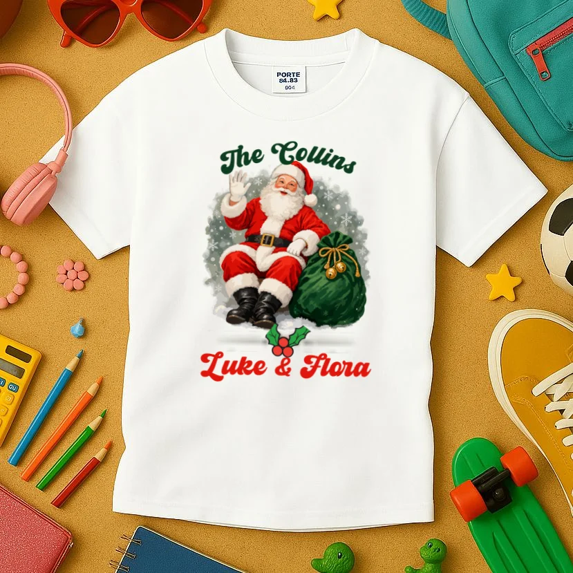 Personalized The Cool Santa Claus | Funny Christmas Santa Custom Name Kids T-Shirt - Front 2