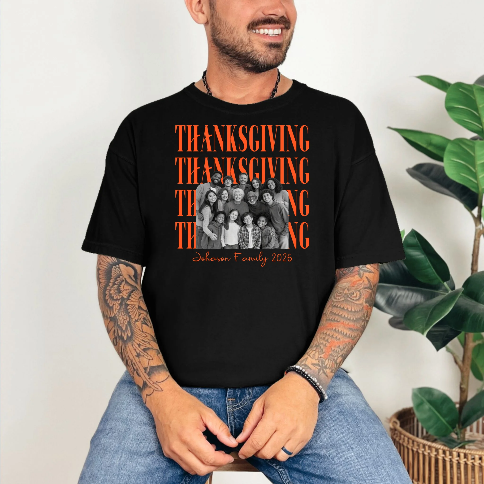Thanksgiving Family Photo Personalized Gift - Custom Family Name & Year Thanksgiving Design Comfort Colors Unisex T-Shirt - Front 2