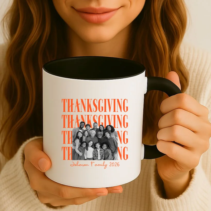 Thanksgiving Family Photo Personalized Gift - Custom Family Name & Year Thanksgiving Design Mug - Front 2