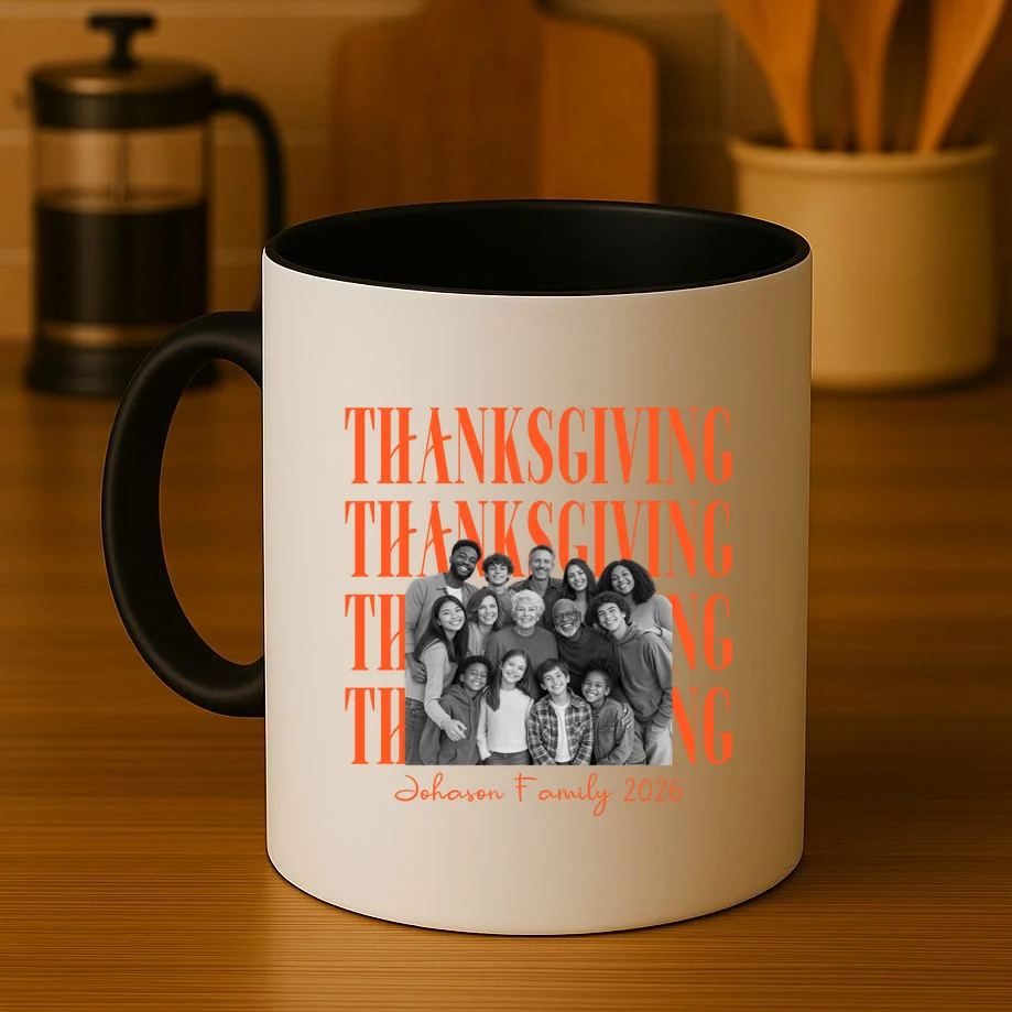 Thanksgiving Family Photo Personalized Gift - Custom Family Name & Year Thanksgiving Design Mug - Front 3