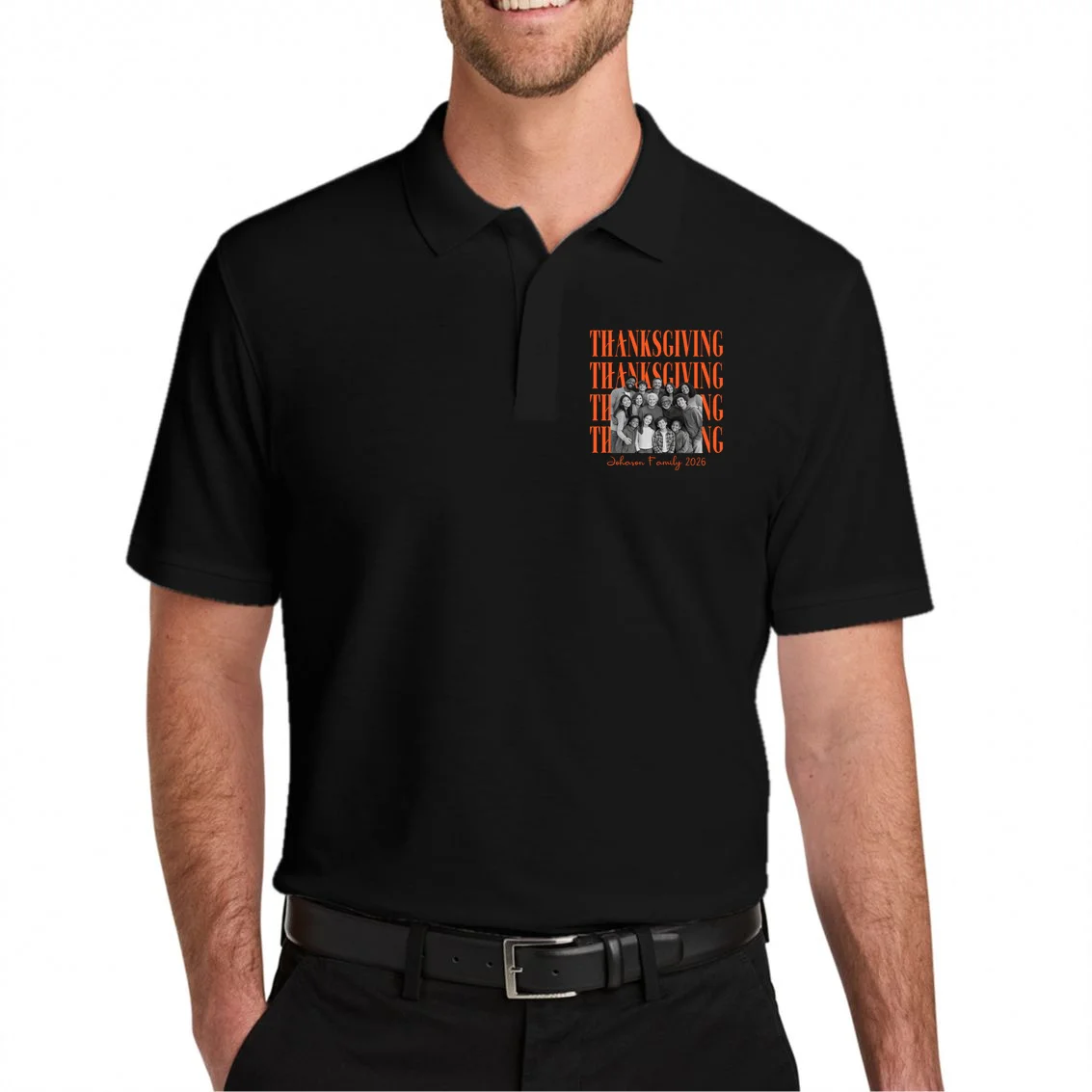 Thanksgiving Family Photo Personalized Gift - Custom Family Name & Year Thanksgiving Design Men's Polo - Front 1