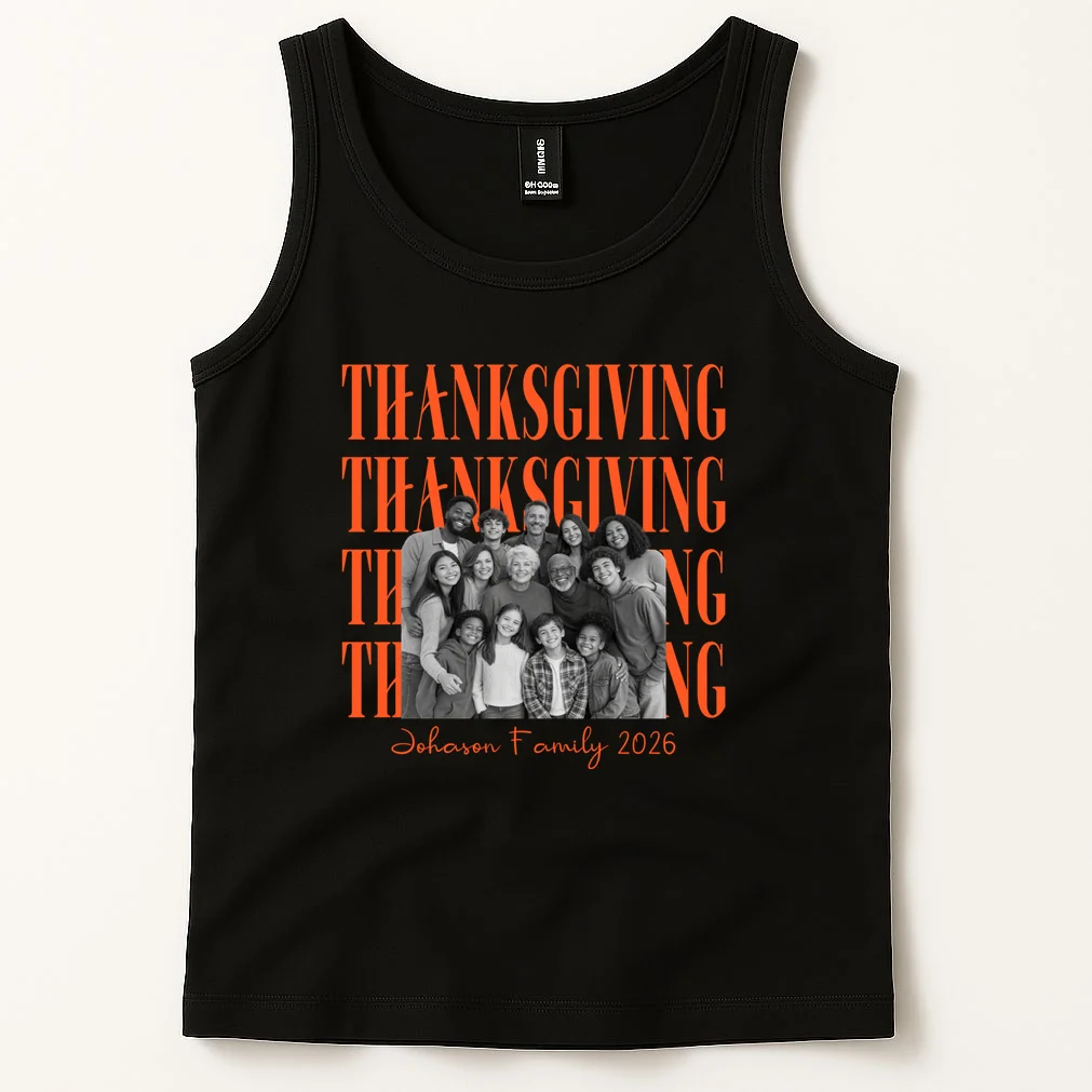 Thanksgiving Family Photo Personalized Gift - Custom Family Name & Year Thanksgiving Design Men's Tank Top - Front 1