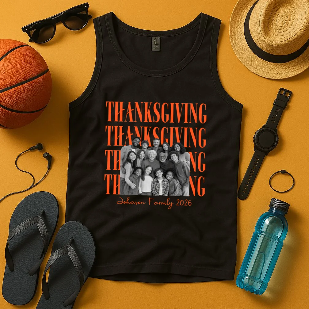 Thanksgiving Family Photo Personalized Gift - Custom Family Name & Year Thanksgiving Design Men's Tank Top - Front 3