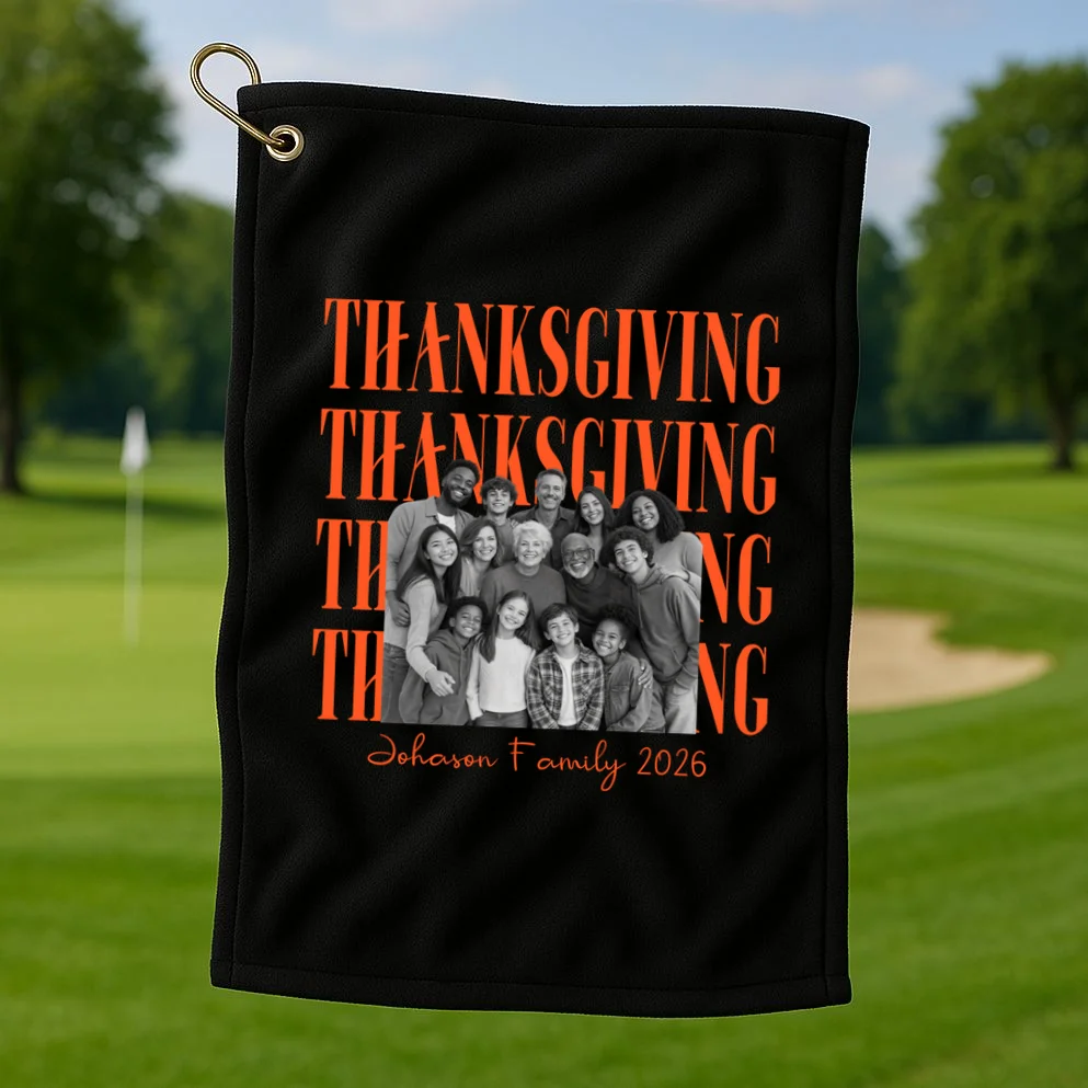 Thanksgiving Family Photo Personalized Gift - Custom Family Name & Year Thanksgiving Design Golf Towel - Front 1
