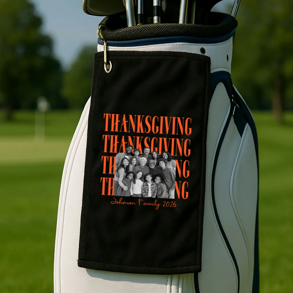 Thanksgiving Family Photo Personalized Gift - Custom Family Name & Year Thanksgiving Design Golf Towel - Front 2