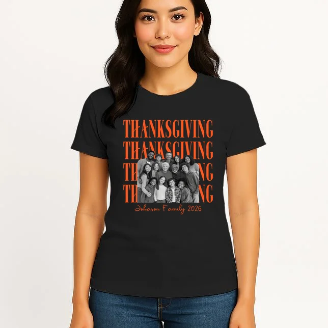 Thanksgiving Family Photo Personalized Gift - Custom Family Name & Year Thanksgiving Design Women's T-Shirt - Front 3