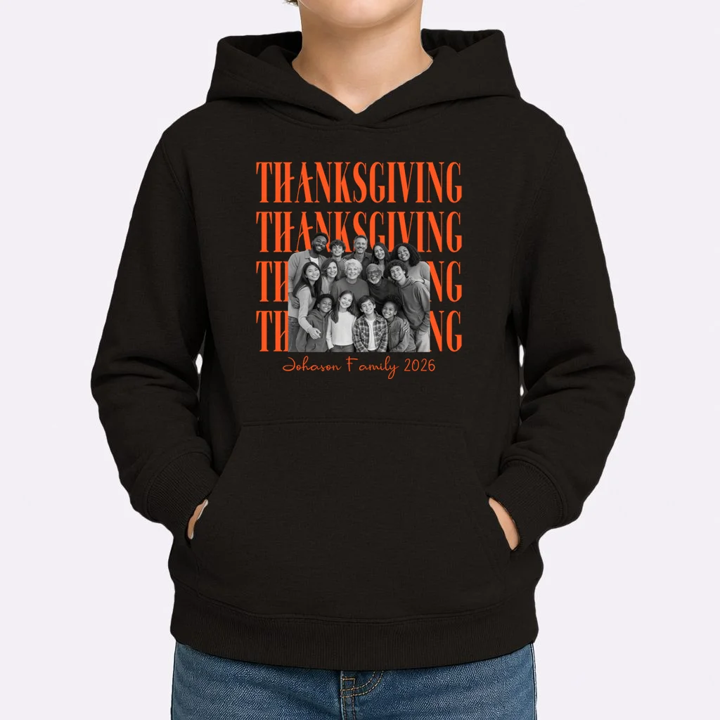 Thanksgiving Family Photo Personalized Gift - Custom Family Name & Year Thanksgiving Design Kids Hoodie - Front 1