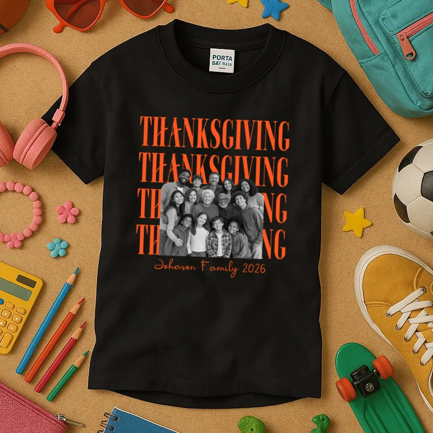 Thanksgiving Family Photo Personalized Gift - Custom Family Name & Year Thanksgiving Design Kids T-Shirt - Front 2