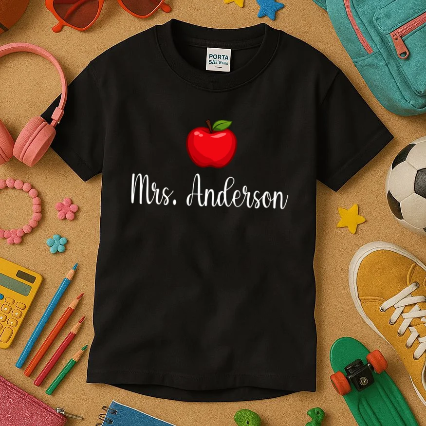 Personalized Teacher Name Apple Kids T-Shirt - Front 2