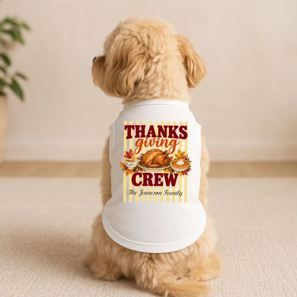 Thanksgiving Crew Personalized Family Name Custom Gift - Vintage Turkey & Pumpkin Pie Thanksgiving Design Doggie Tank - Front 1