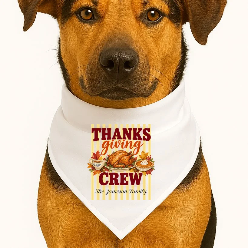 Thanksgiving Crew Personalized Family Name Custom Gift - Vintage Turkey & Pumpkin Pie Thanksgiving Design Dog Bandana - Front 1