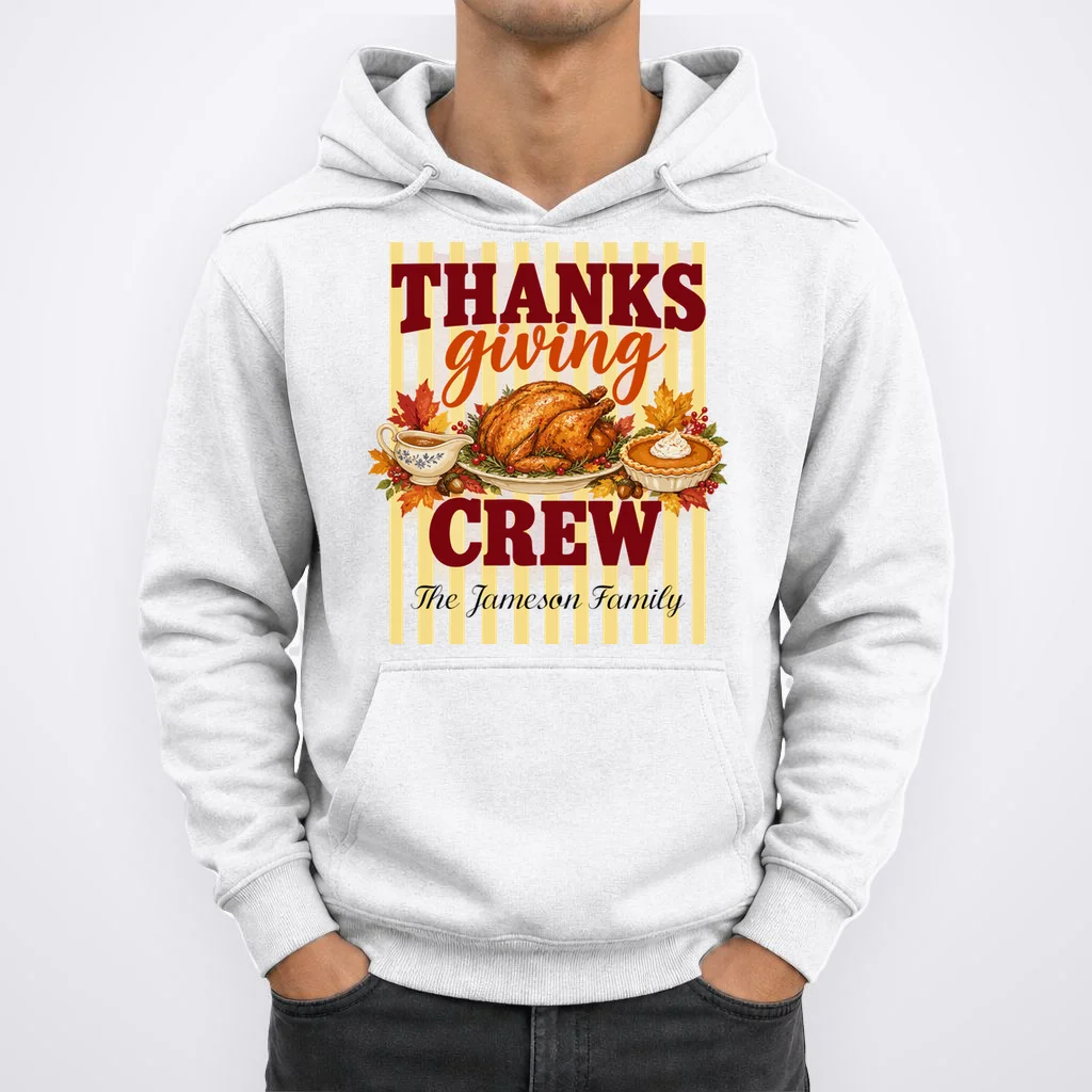 Thanksgiving Crew Personalized Family Name Custom Gift - Vintage Turkey & Pumpkin Pie Thanksgiving Design Men's Hoodie - Front 1