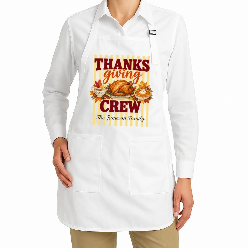 Thanksgiving Crew Personalized Family Name Custom Gift - Vintage Turkey & Pumpkin Pie Thanksgiving Design Apron - Front 1