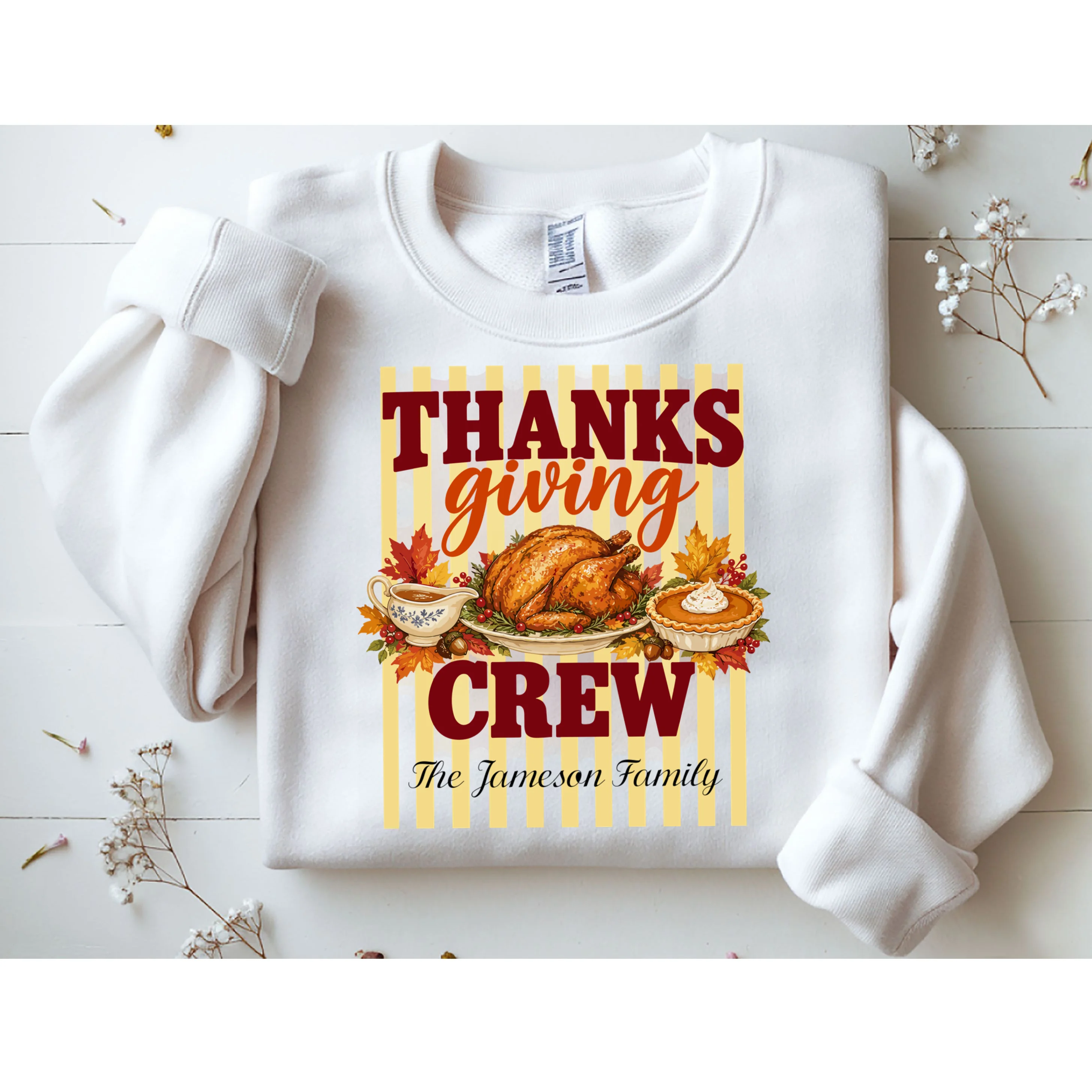 Thanksgiving Crew Personalized Family Name Custom Gift - Vintage Turkey & Pumpkin Pie Thanksgiving Design Men's Sweatshirt - Front 1