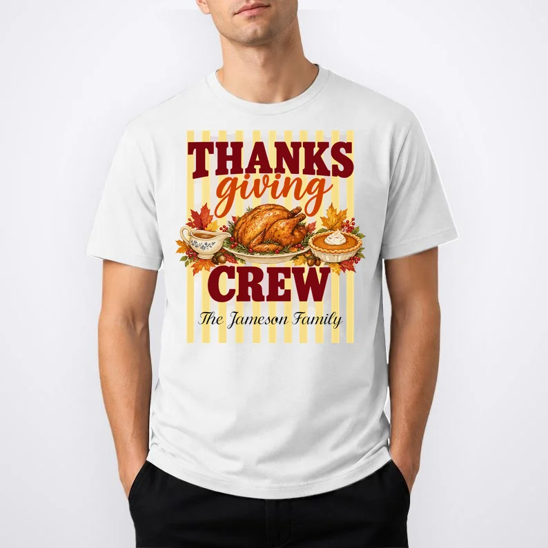 Thanksgiving Crew Personalized Family Name Custom Gift - Vintage Turkey & Pumpkin Pie Thanksgiving Design Men's T-Shirt - Front 1