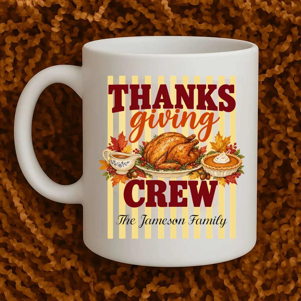 Thanksgiving Crew Personalized Family Name Custom Gift - Vintage Turkey & Pumpkin Pie Thanksgiving Design Mug - Front 1