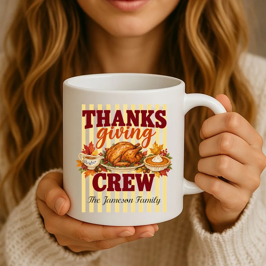 Thanksgiving Crew Personalized Family Name Custom Gift - Vintage Turkey & Pumpkin Pie Thanksgiving Design Mug - Front 2