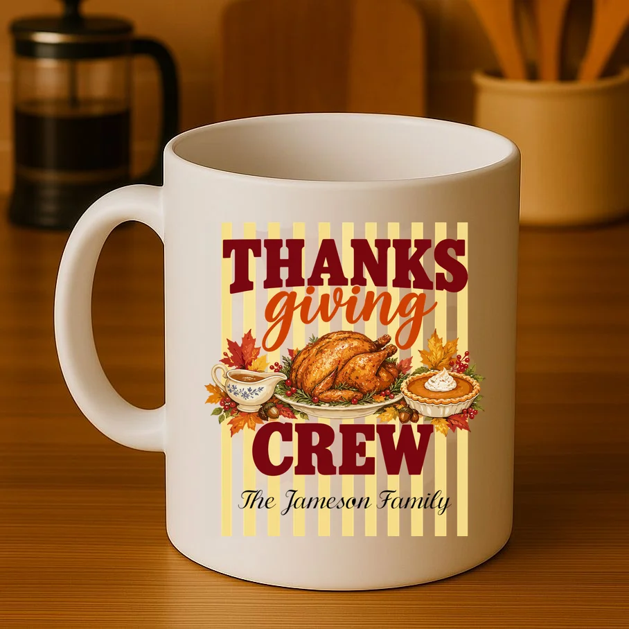 Thanksgiving Crew Personalized Family Name Custom Gift - Vintage Turkey & Pumpkin Pie Thanksgiving Design Mug - Front 3