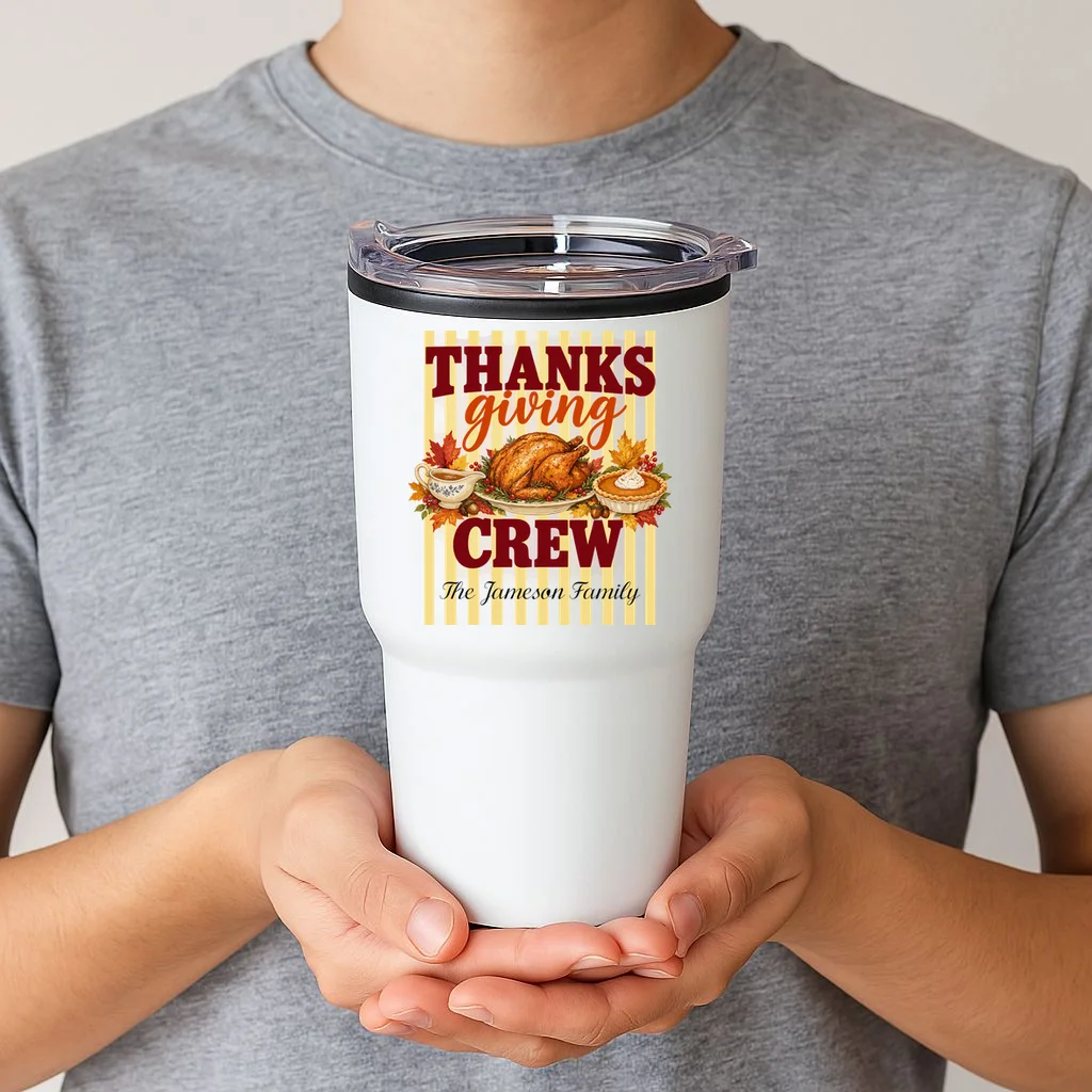 Thanksgiving Crew Personalized Family Name Custom Gift - Vintage Turkey & Pumpkin Pie Thanksgiving Design 20oz Tumbler - Front 1