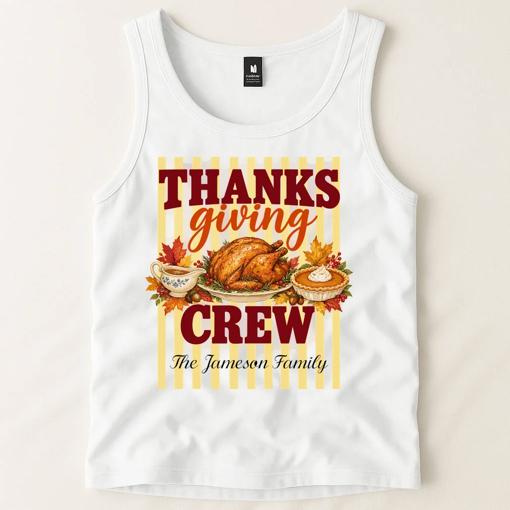 Thanksgiving Crew Personalized Family Name Custom Gift - Vintage Turkey & Pumpkin Pie Thanksgiving Design Men's Tank Top - Front 1