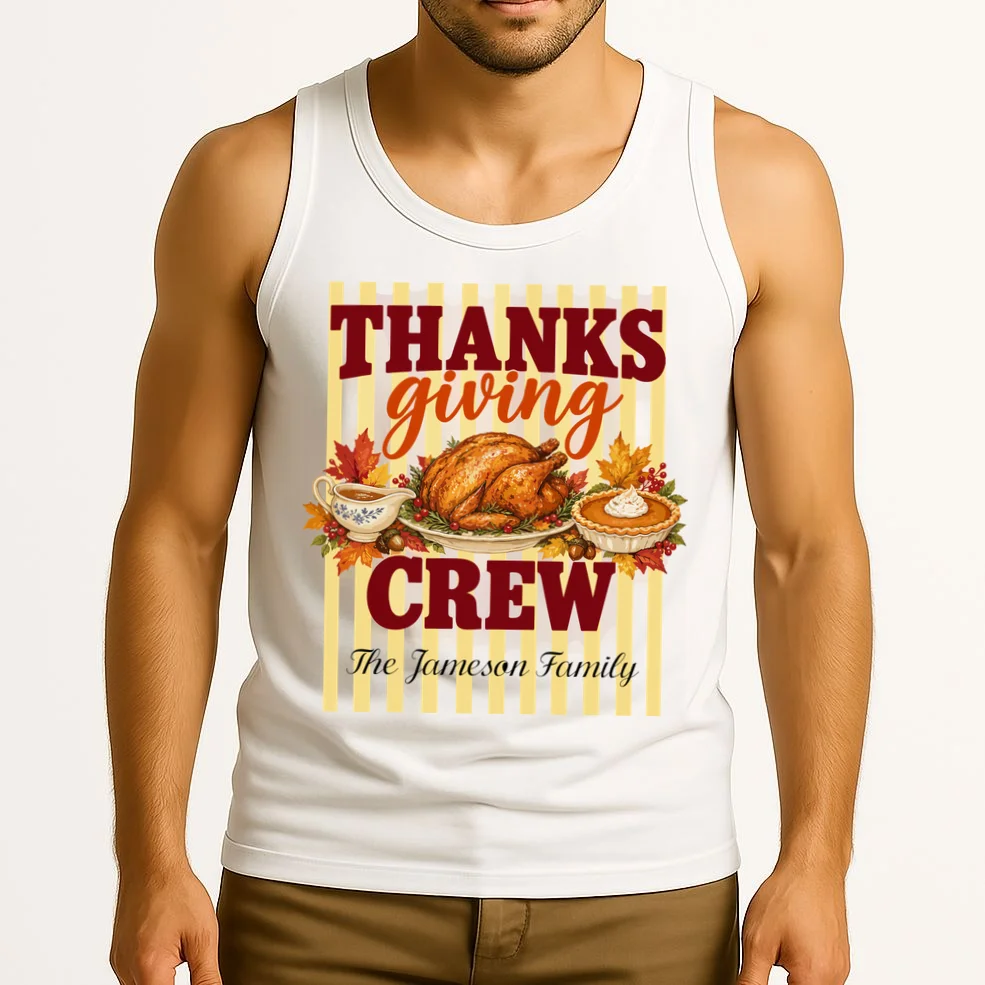 Thanksgiving Crew Personalized Family Name Custom Gift - Vintage Turkey & Pumpkin Pie Thanksgiving Design Men's Tank Top - Front 2