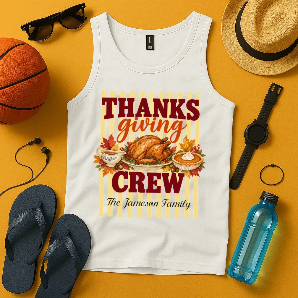 Thanksgiving Crew Personalized Family Name Custom Gift - Vintage Turkey & Pumpkin Pie Thanksgiving Design Men's Tank Top - Front 3