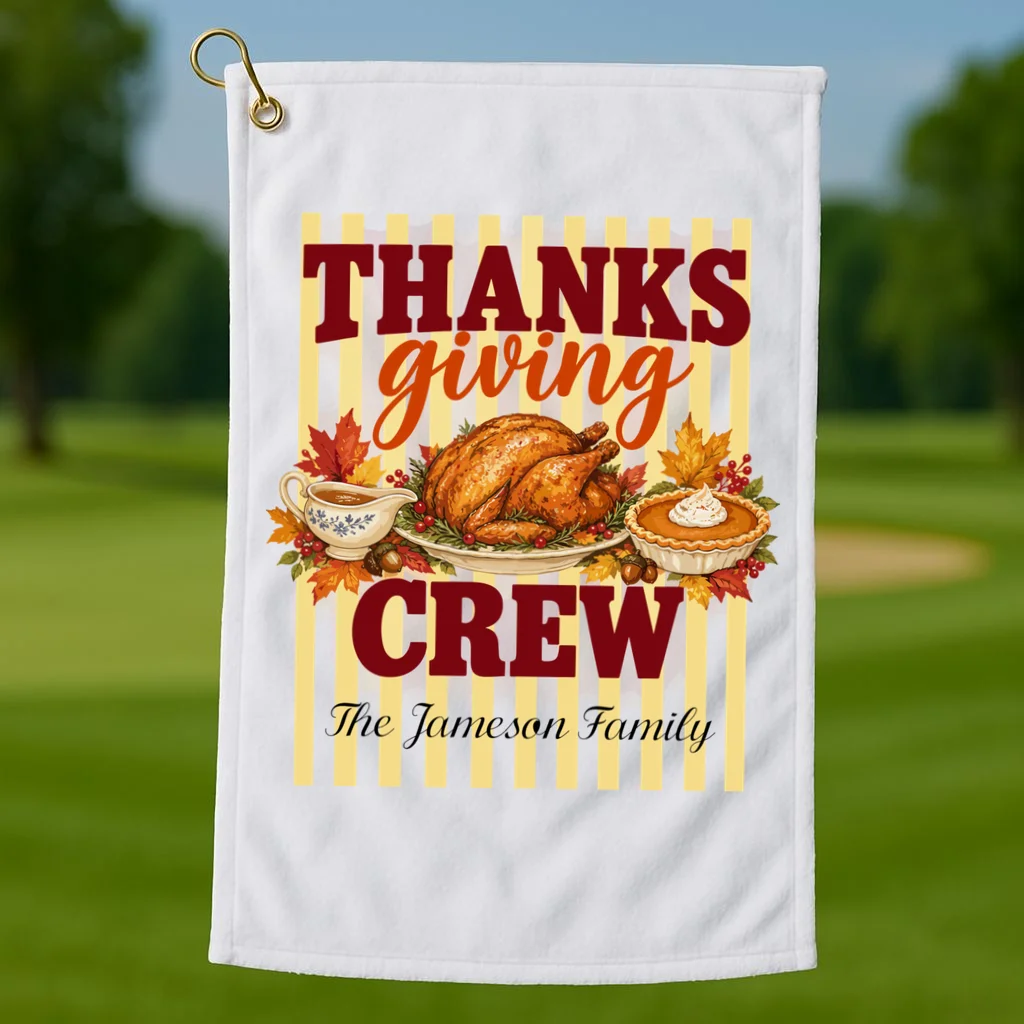 Thanksgiving Crew Personalized Family Name Custom Gift - Vintage Turkey & Pumpkin Pie Thanksgiving Design Golf Towel - Front 1