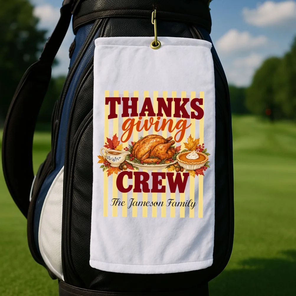 Thanksgiving Crew Personalized Family Name Custom Gift - Vintage Turkey & Pumpkin Pie Thanksgiving Design Golf Towel - Front 2