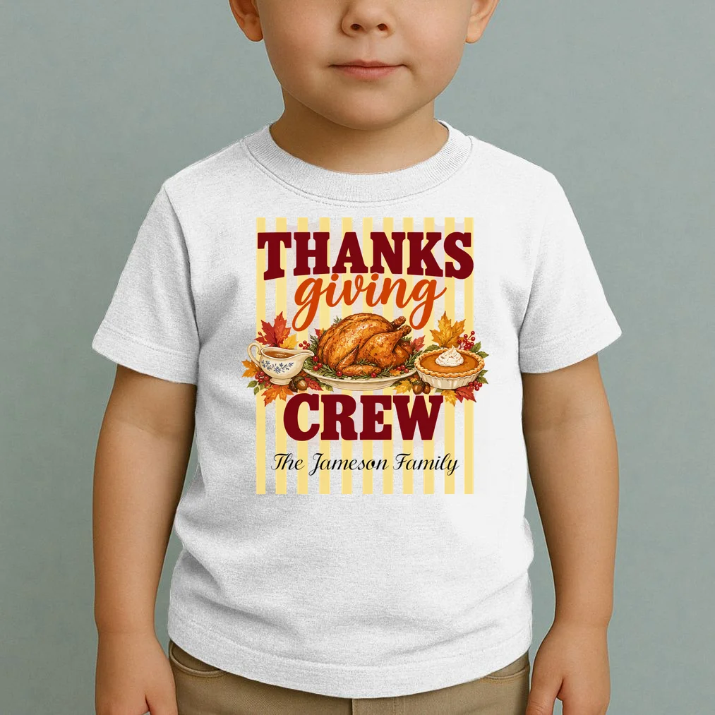 Thanksgiving Crew Personalized Family Name Custom Gift - Vintage Turkey & Pumpkin Pie Thanksgiving Design Toddler T-Shirt - Front 1