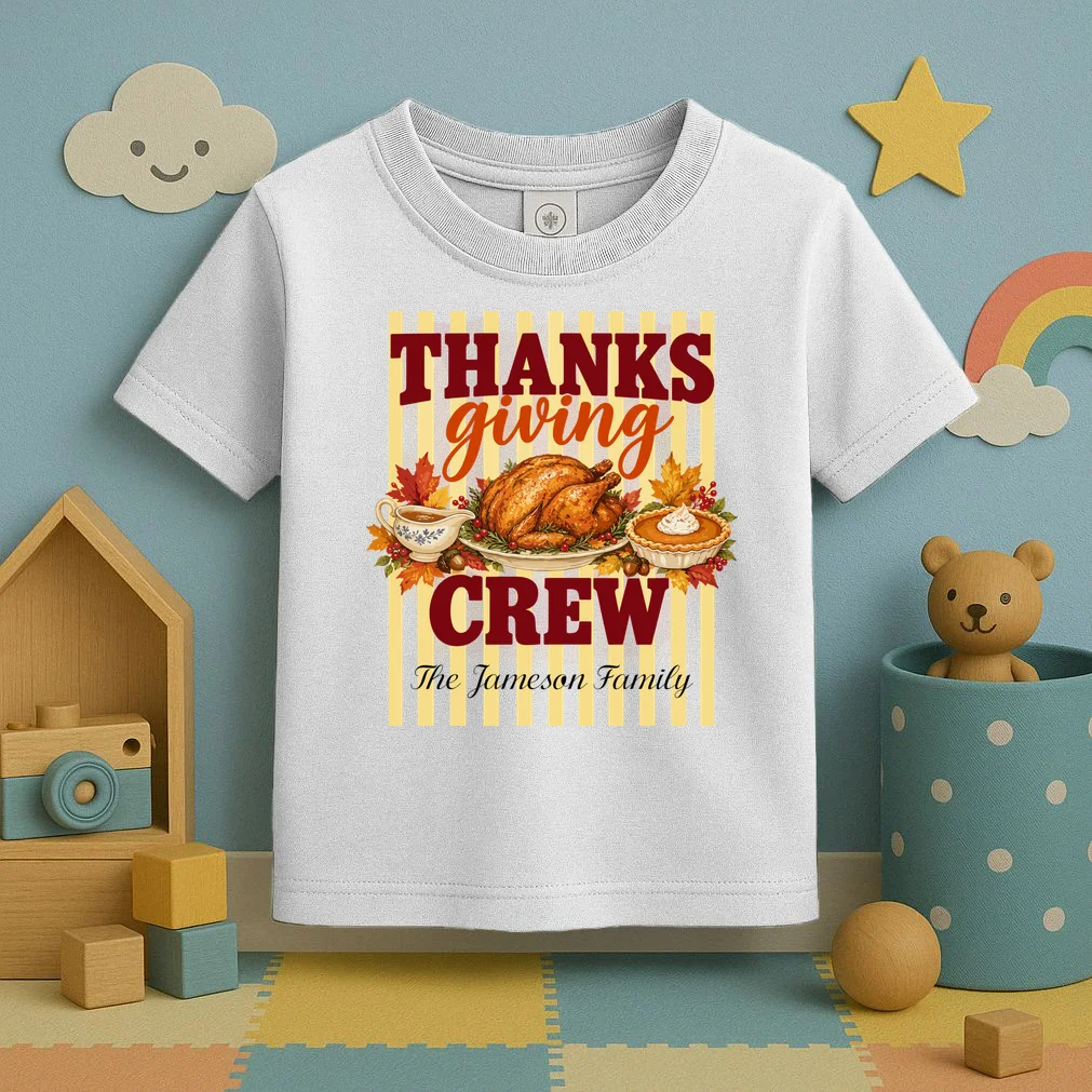 Thanksgiving Crew Personalized Family Name Custom Gift - Vintage Turkey & Pumpkin Pie Thanksgiving Design Toddler T-Shirt - Front 2