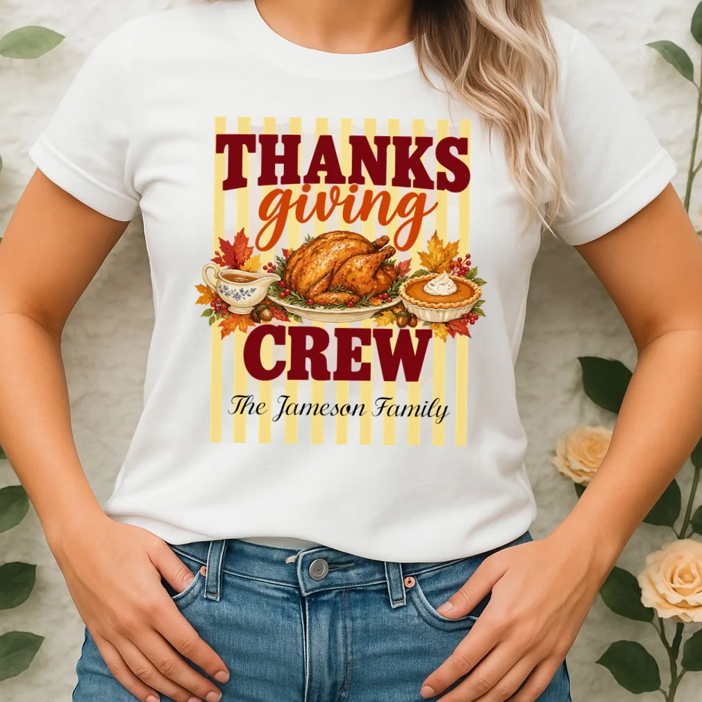 Thanksgiving Crew Personalized Family Name Custom Gift - Vintage Turkey & Pumpkin Pie Thanksgiving Design Women's T-Shirt - Front 1