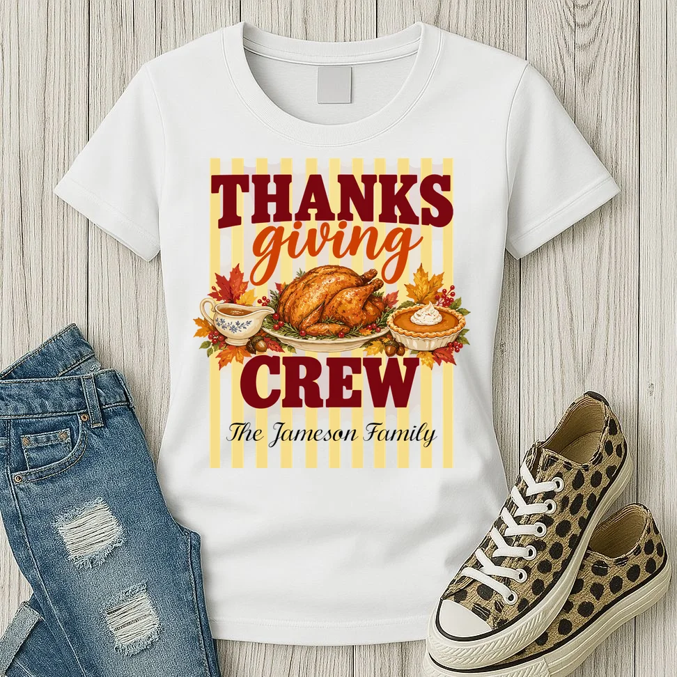 Thanksgiving Crew Personalized Family Name Custom Gift - Vintage Turkey & Pumpkin Pie Thanksgiving Design Women's T-Shirt - Front 2