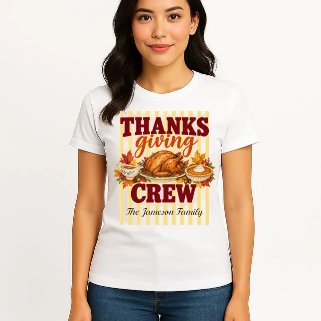Thanksgiving Crew Personalized Family Name Custom Gift - Vintage Turkey & Pumpkin Pie Thanksgiving Design Women's T-Shirt - Front 3
